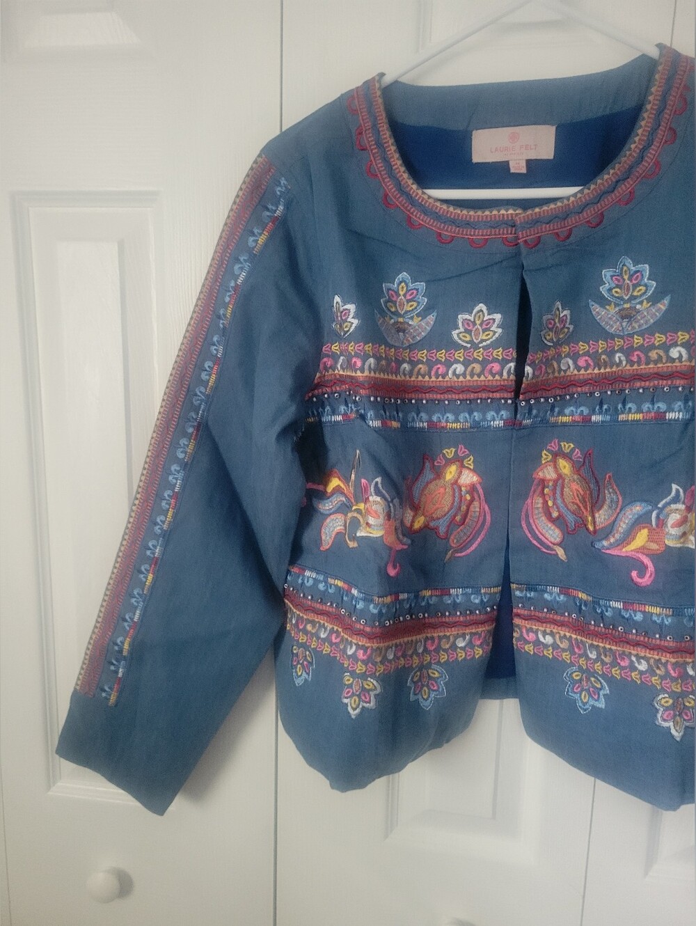 Laurie Felt Embroidered Open Front Jacket Chambray M QVC